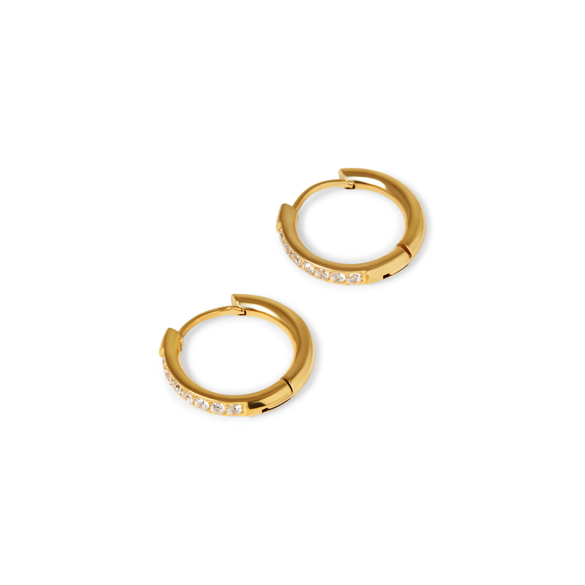A pair of gold-colored hoop earrings with small clear stones embedded along the edge.