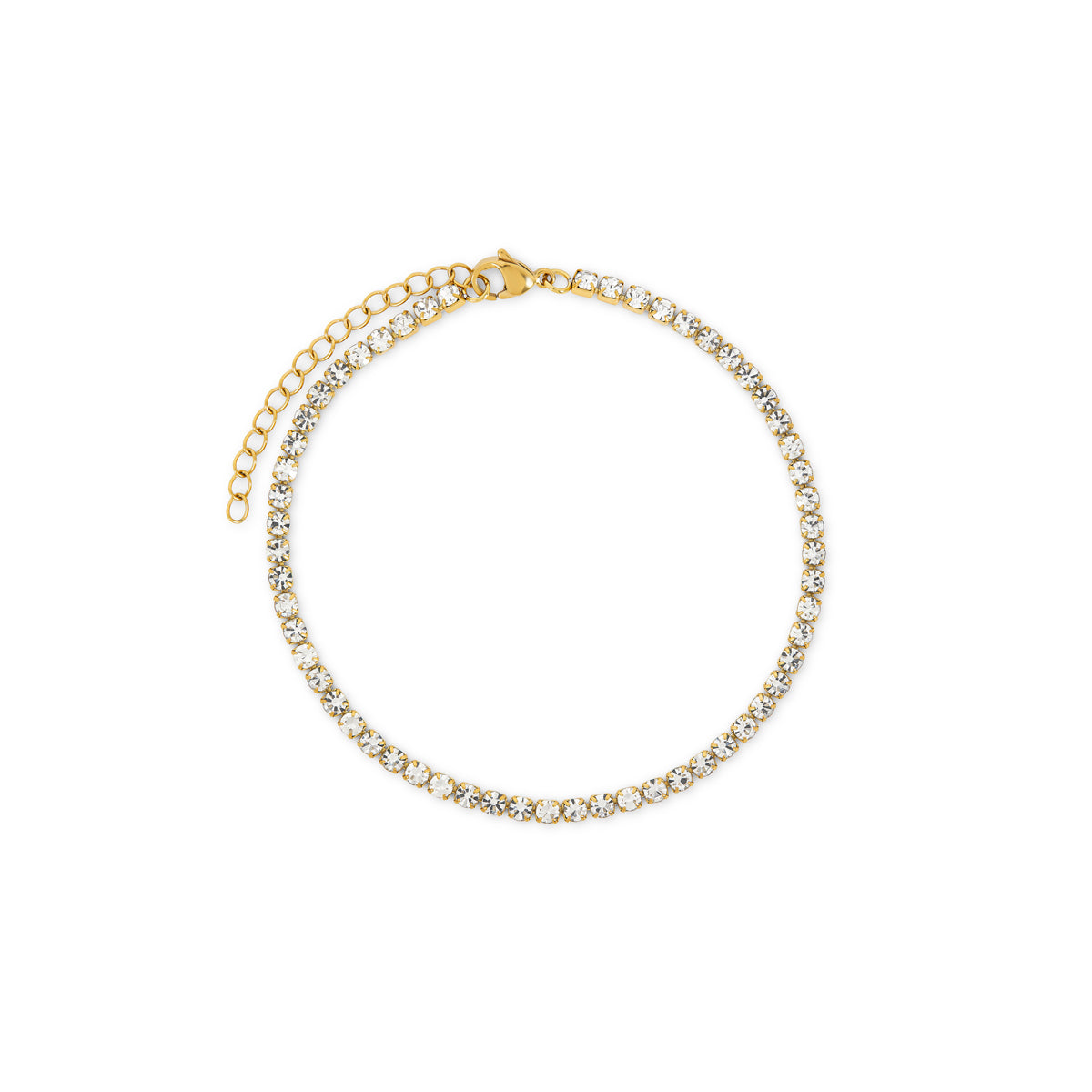 A gold-colored chain anklet with a tennis chain design, displayed against a white background.