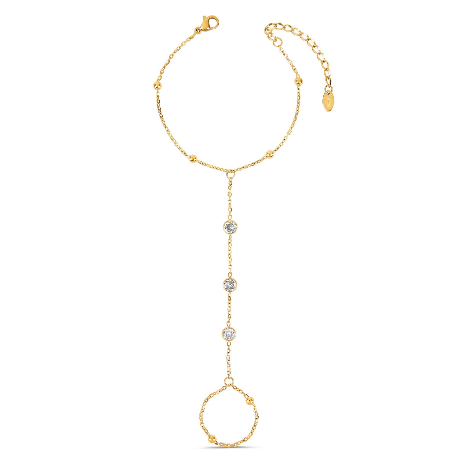 A gold-colored hand chain with embedded stone accents, displayed against a white background.